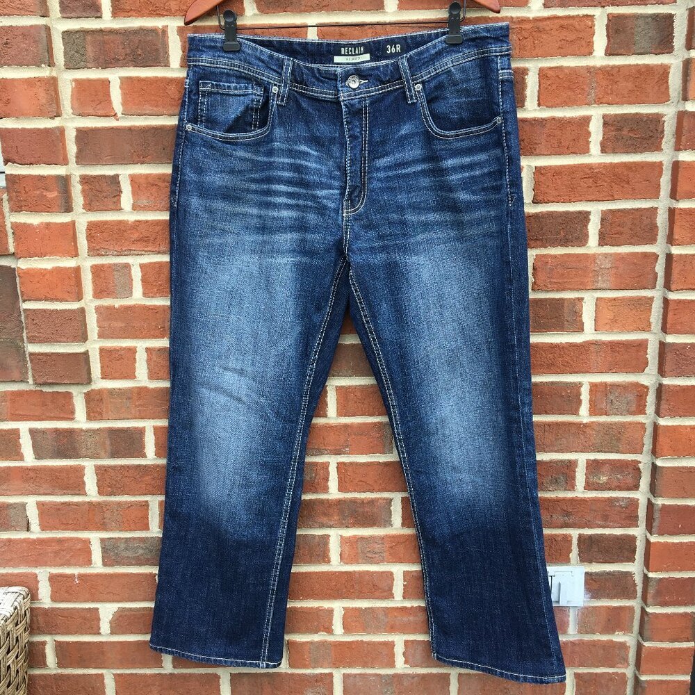 Reclaim Jeans Mens Size 36 Relaxed Fit Dark Wash Fade Whiskering